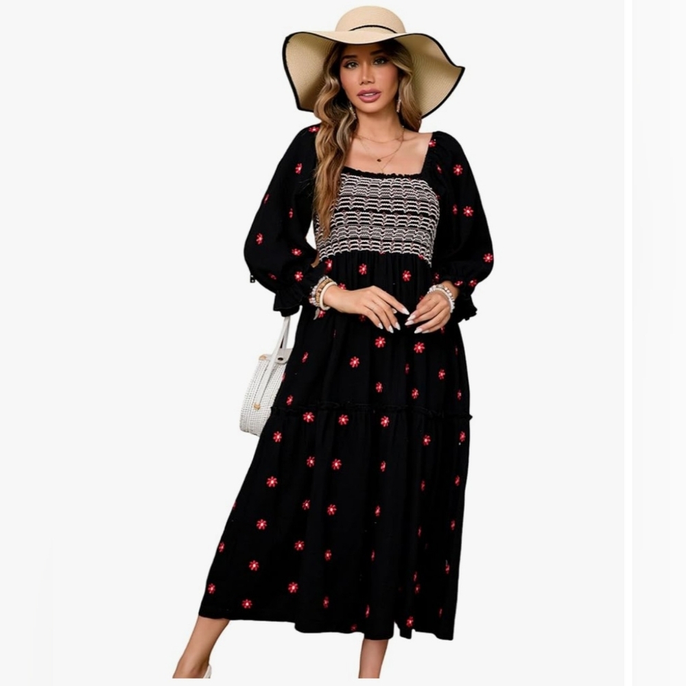 Renaissance Boho Black Smocked Ruffle Dress L Large - Picture 4 of 11